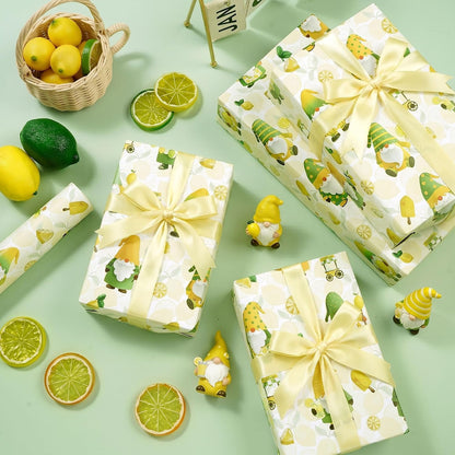 Lemon Gnome Wrapping Paper Roll, Fresh Citrus Fruit Gift Wrap | 17 in x 16.4 ft, birthdays, baby showers, summer parties, seasonal celebrations, DIY paper crafts, gift baskets