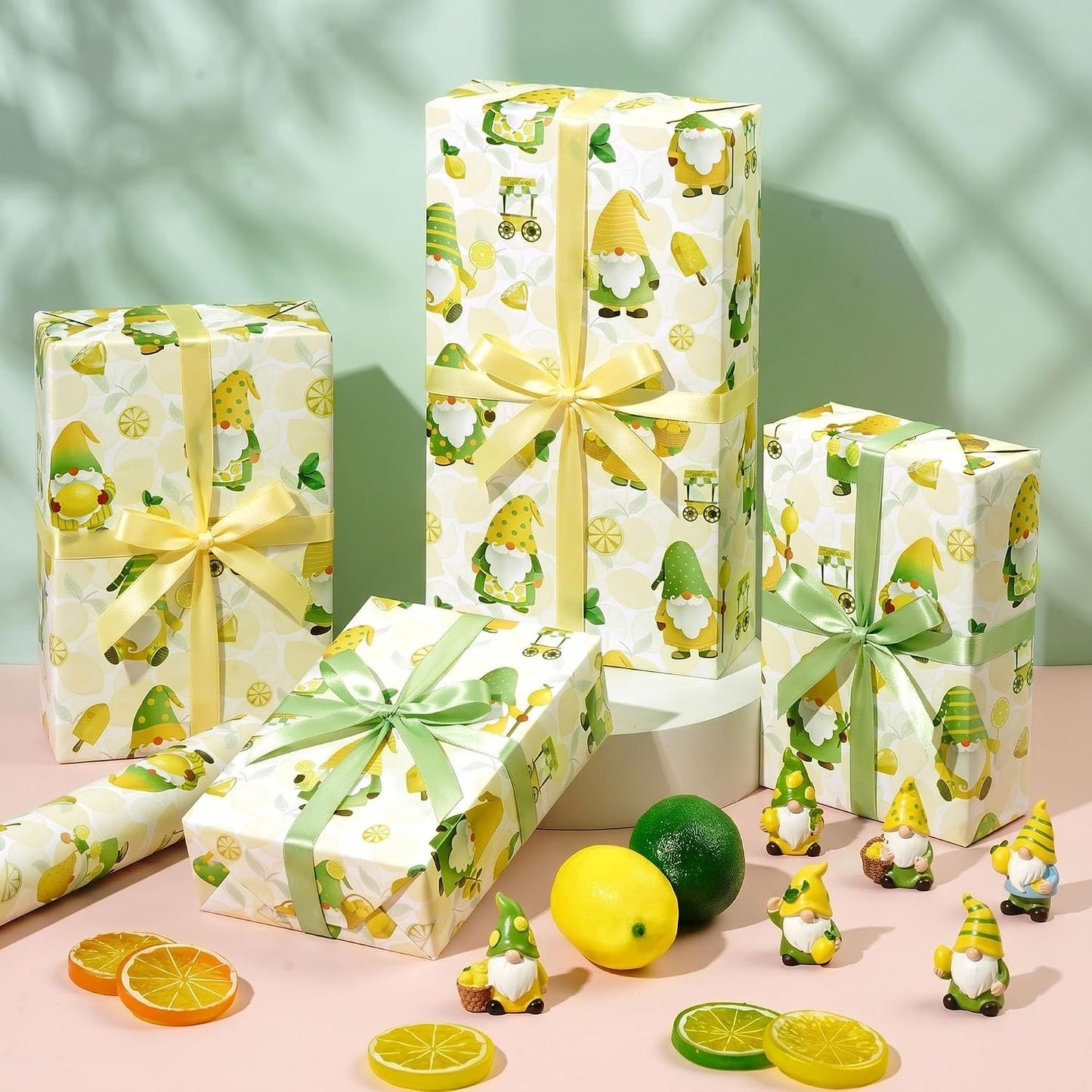 Lemon Gnome Wrapping Paper Roll, Fresh Citrus Fruit Gift Wrap | 17 in x 16.4 ft, birthdays, baby showers, summer parties, seasonal celebrations, DIY paper crafts, gift baskets