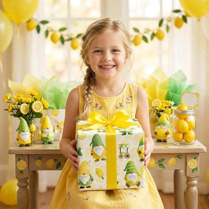 Lemon Gnome Wrapping Paper Roll, Fresh Citrus Fruit Gift Wrap | 17 in x 16.4 ft, birthdays, baby showers, summer parties, seasonal celebrations, DIY paper crafts, gift baskets