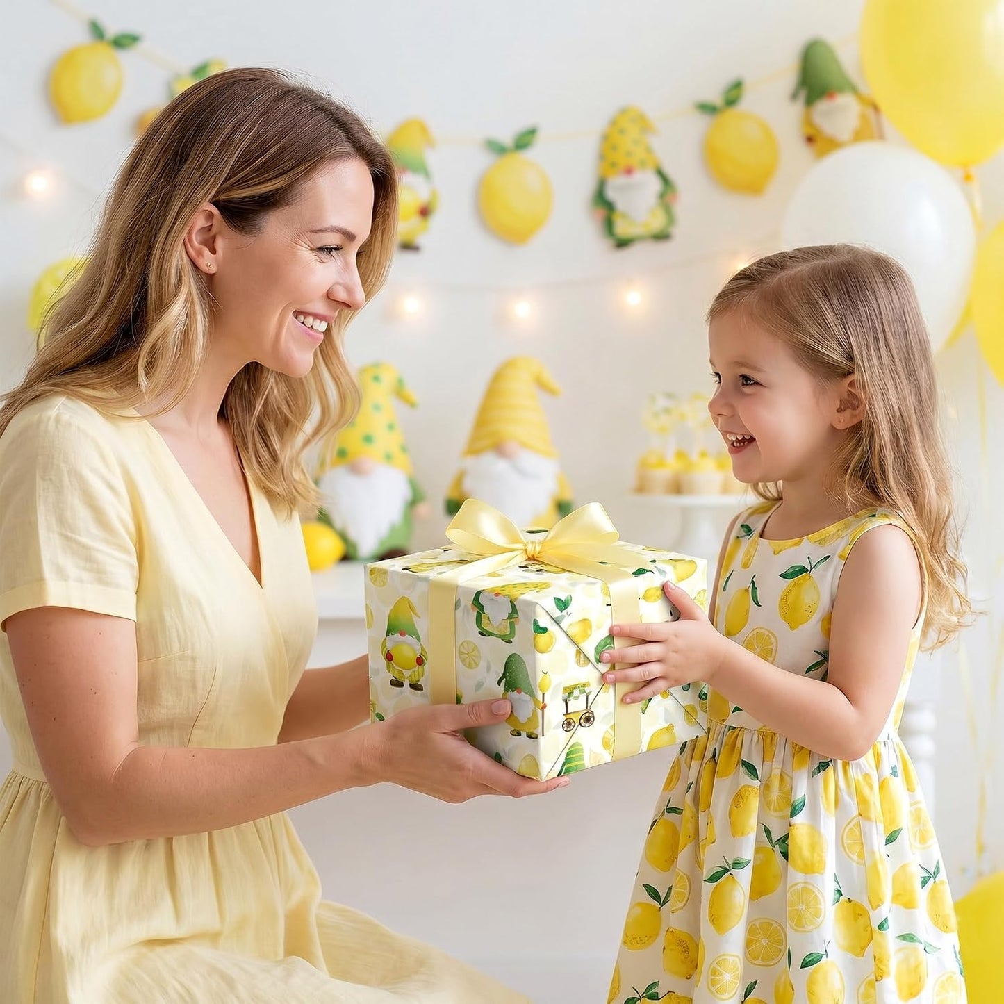 Lemon Gnome Wrapping Paper Roll, Fresh Citrus Fruit Gift Wrap | 17 in x 16.4 ft, birthdays, baby showers, summer parties, seasonal celebrations, DIY paper crafts, gift baskets