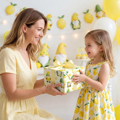 Lemon Gnome Wrapping Paper Roll, Fresh Citrus Fruit Gift Wrap | 17 in x 16.4 ft, birthdays, baby showers, summer parties, seasonal celebrations, DIY paper crafts, gift baskets