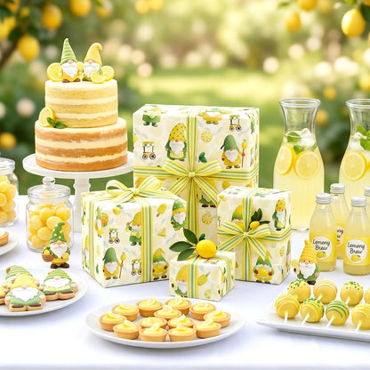 Lemon Gnome Wrapping Paper Roll, Fresh Citrus Fruit Gift Wrap | 17 in x 16.4 ft, birthdays, baby showers, summer parties, seasonal celebrations, DIY paper crafts, gift baskets