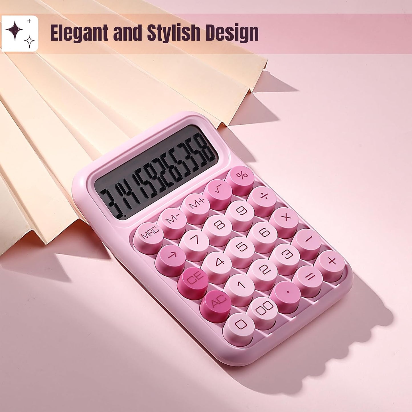 Mechanical Switch Calculator, 12 Digit Large LCD Display, Pink | With Big Buttons, Mechanical Switch Calculator for Home, School, Office