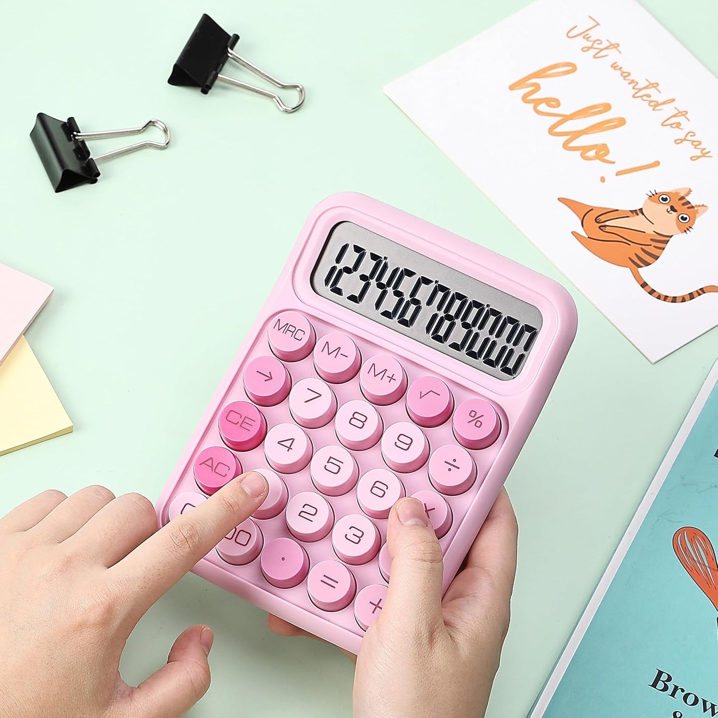 Mechanical Switch Calculator, 12 Digit Large LCD Display, Pink | With Big Buttons, Mechanical Switch Calculator for Home, School, Office