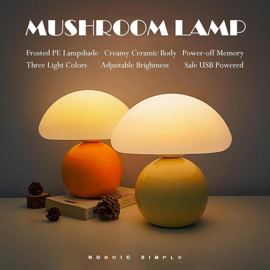 Cute Small Mushroom Lamp, PE Lampshade, Ceramic Base, Adjustable Light Color and Brightness with Power-Off Memory, Safe USB Powered, LED Mushroom Light for Bedroom Living Room (Yellow)