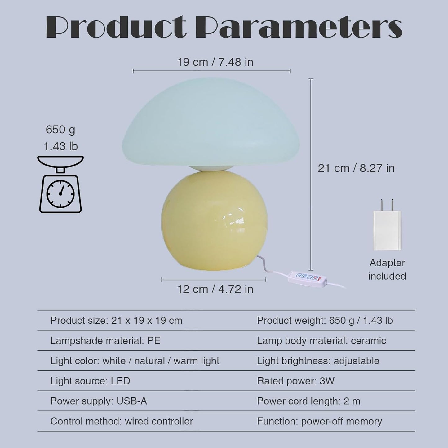 Cute Small Mushroom Lamp, PE Lampshade, Ceramic Base, Adjustable Light Color and Brightness with Power-Off Memory, Safe USB Powered, LED Mushroom Light for Bedroom Living Room (Yellow)
