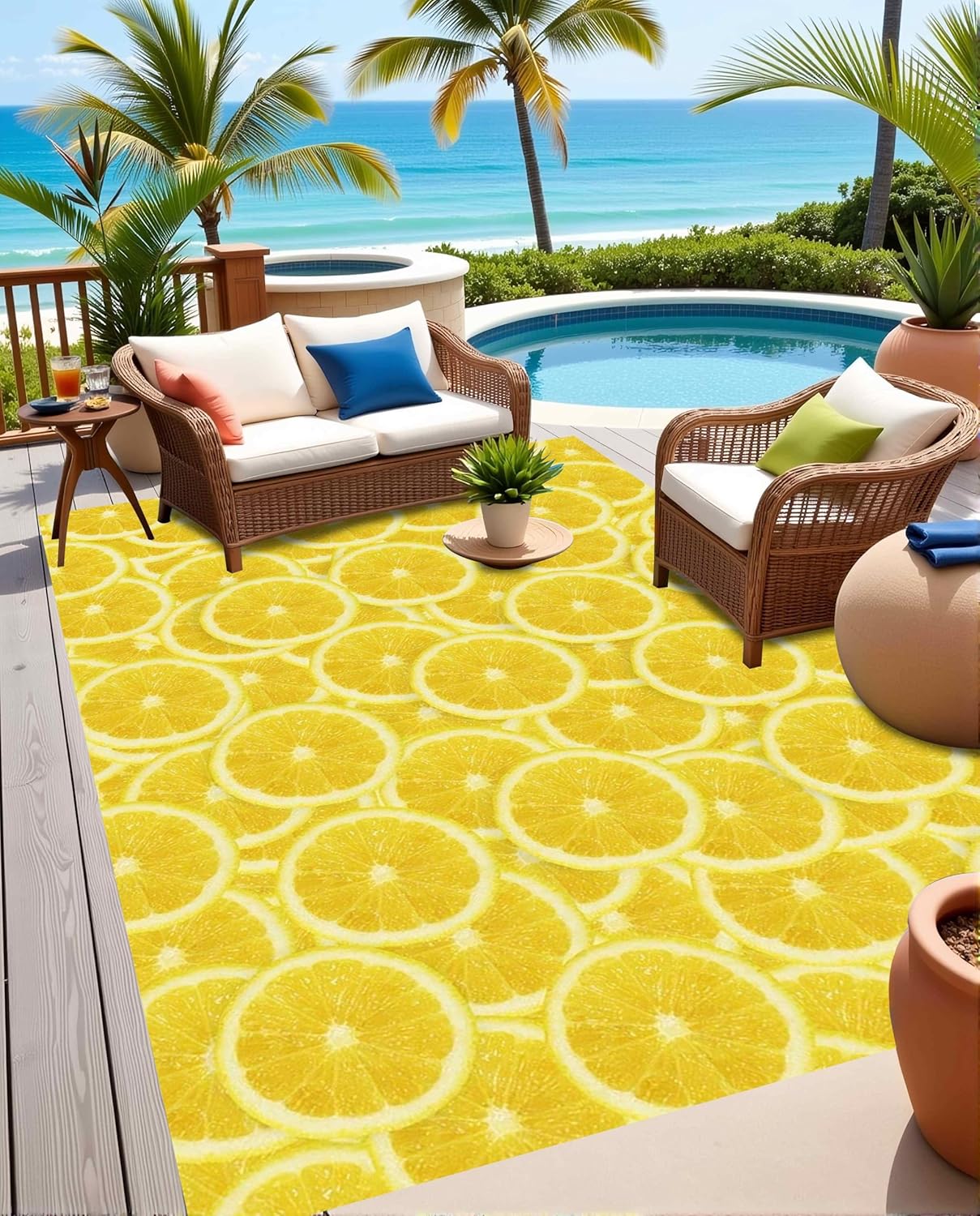 Bright Yellow Lemon Slice Print Outdoor Rugs Modern Vibrant Ctue Area Rug 5x8 for Porch Patio Deck Camping Waterproof Washable Non Slip Floor Mats Foyer Backyard Fresh Summer Cool Outside Carpet