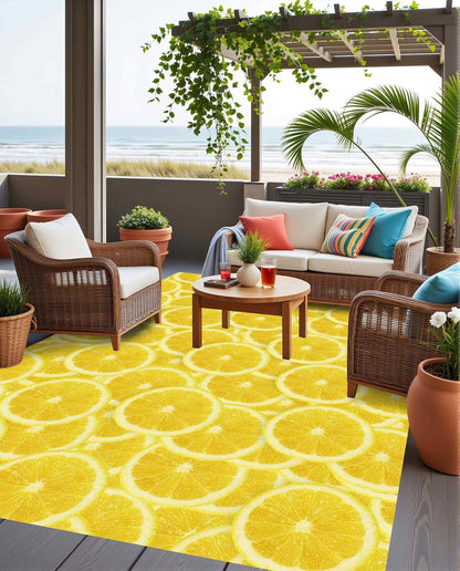 Bright Yellow Lemon Slice Print Outdoor Rugs Modern Vibrant Ctue Area Rug 5x8 for Porch Patio Deck Camping Waterproof Washable Non Slip Floor Mats Foyer Backyard Fresh Summer Cool Outside Carpet