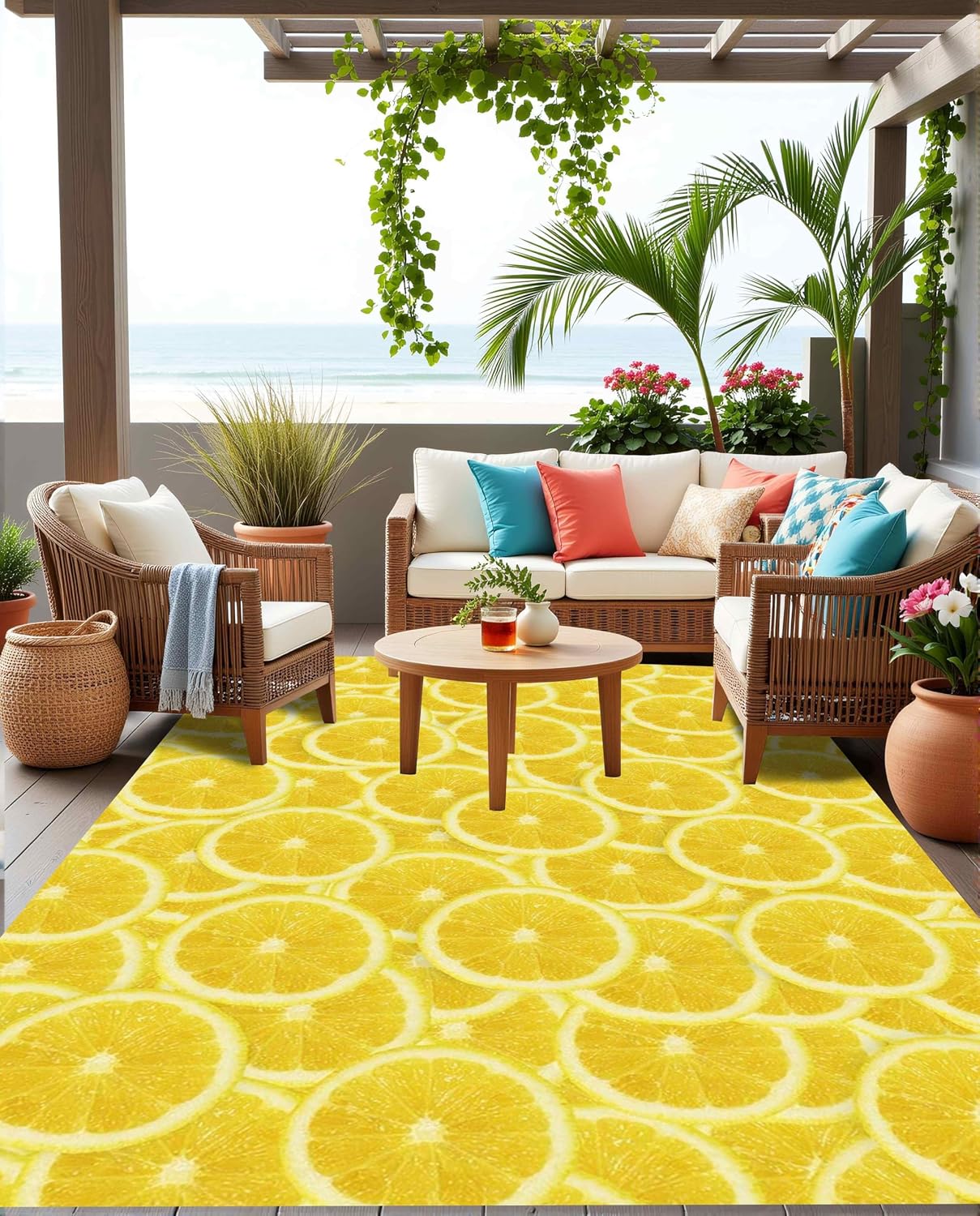 Bright Yellow Lemon Slice Print Outdoor Rugs Modern Vibrant Ctue Area Rug 5x8 for Porch Patio Deck Camping Waterproof Washable Non Slip Floor Mats Foyer Backyard Fresh Summer Cool Outside Carpet