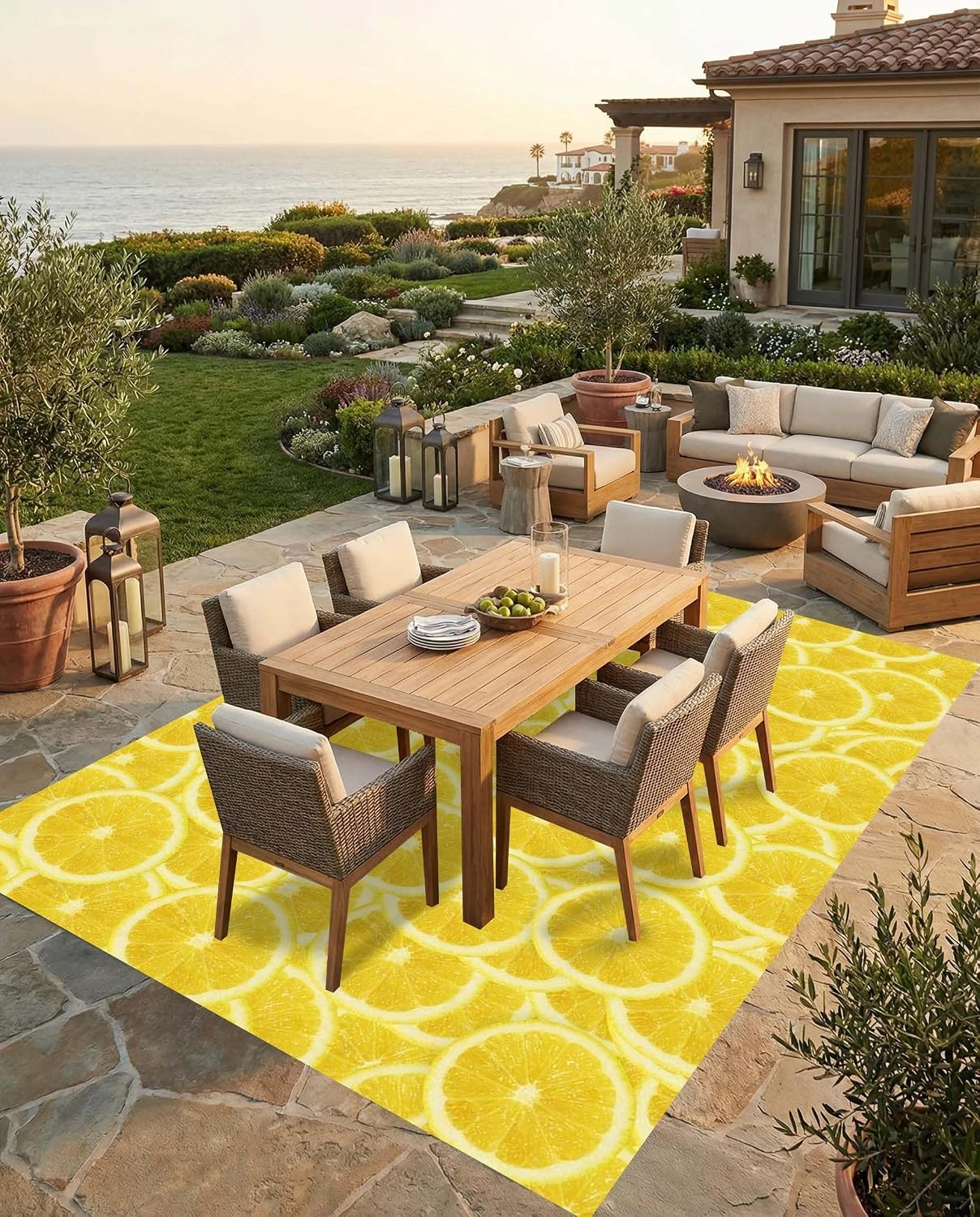 Bright Yellow Lemon Slice Print Outdoor Rugs Modern Vibrant Ctue Area Rug 5x8 for Porch Patio Deck Camping Waterproof Washable Non Slip Floor Mats Foyer Backyard Fresh Summer Cool Outside Carpet