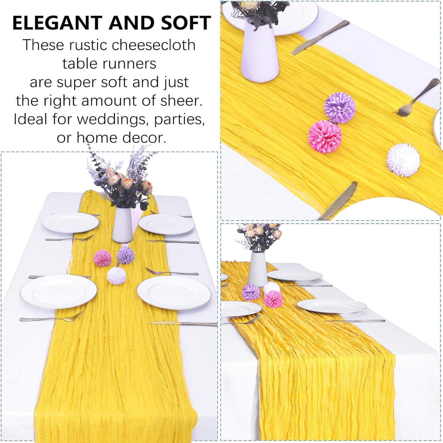 6 Pack Yellow Cheesecloth Table Runner 10FT Cheese Cloth Boho Gauze Fabric Table Runner 35 x 120 Inch Rustic Sheer for Summer Holiday Wedding Decor Baby Shower Party