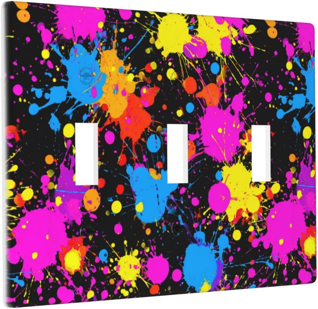 Neon Abstract Pink Blue Yellow Paint Splatter Light Switch Covers 3 Gang Triple Toggle Wall Plate Switchplate Electrical Faceplate For Bathroom Kitchen Bedroom Decor