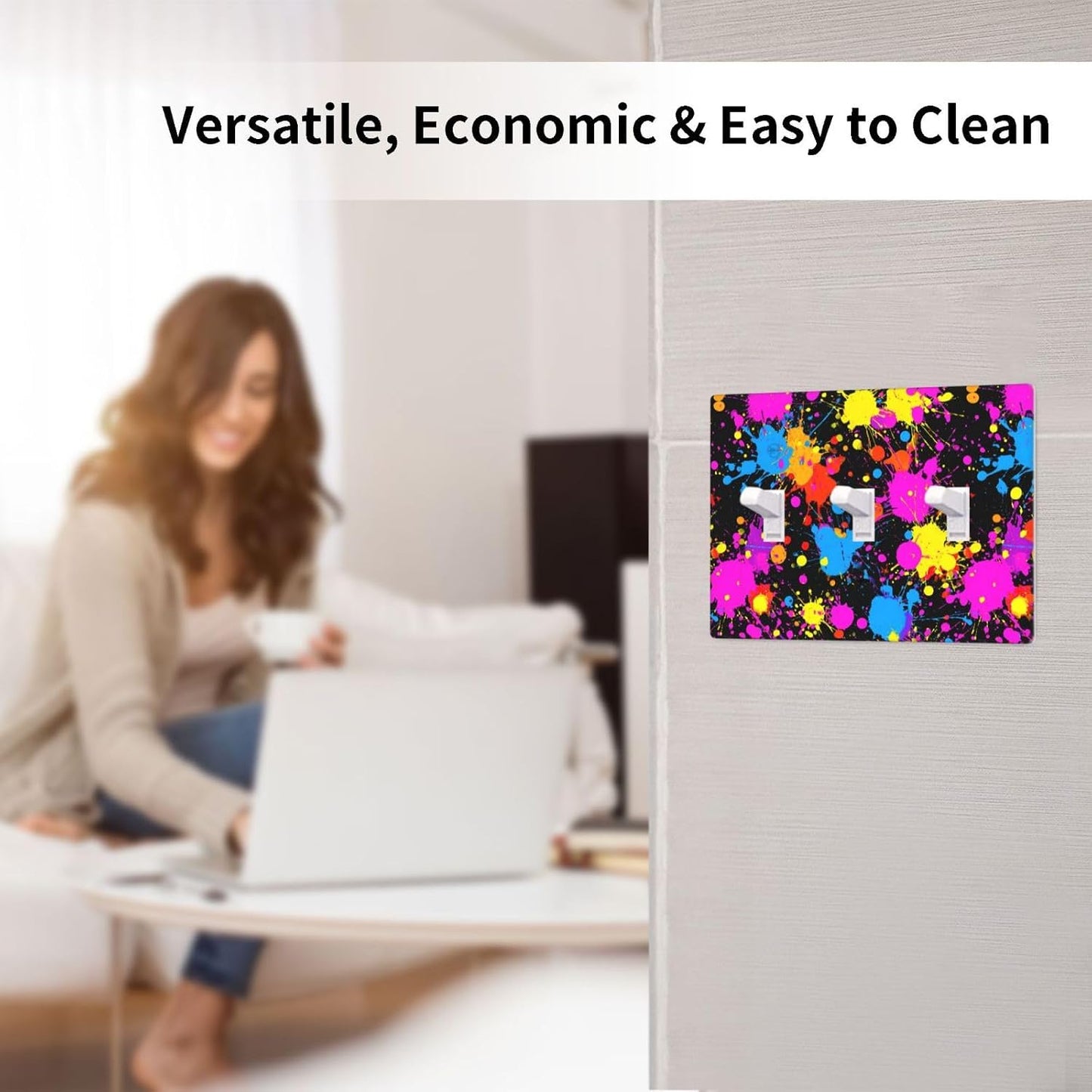 Neon Abstract Pink Blue Yellow Paint Splatter Light Switch Covers 3 Gang Triple Toggle Wall Plate Switchplate Electrical Faceplate For Bathroom Kitchen Bedroom Decor
