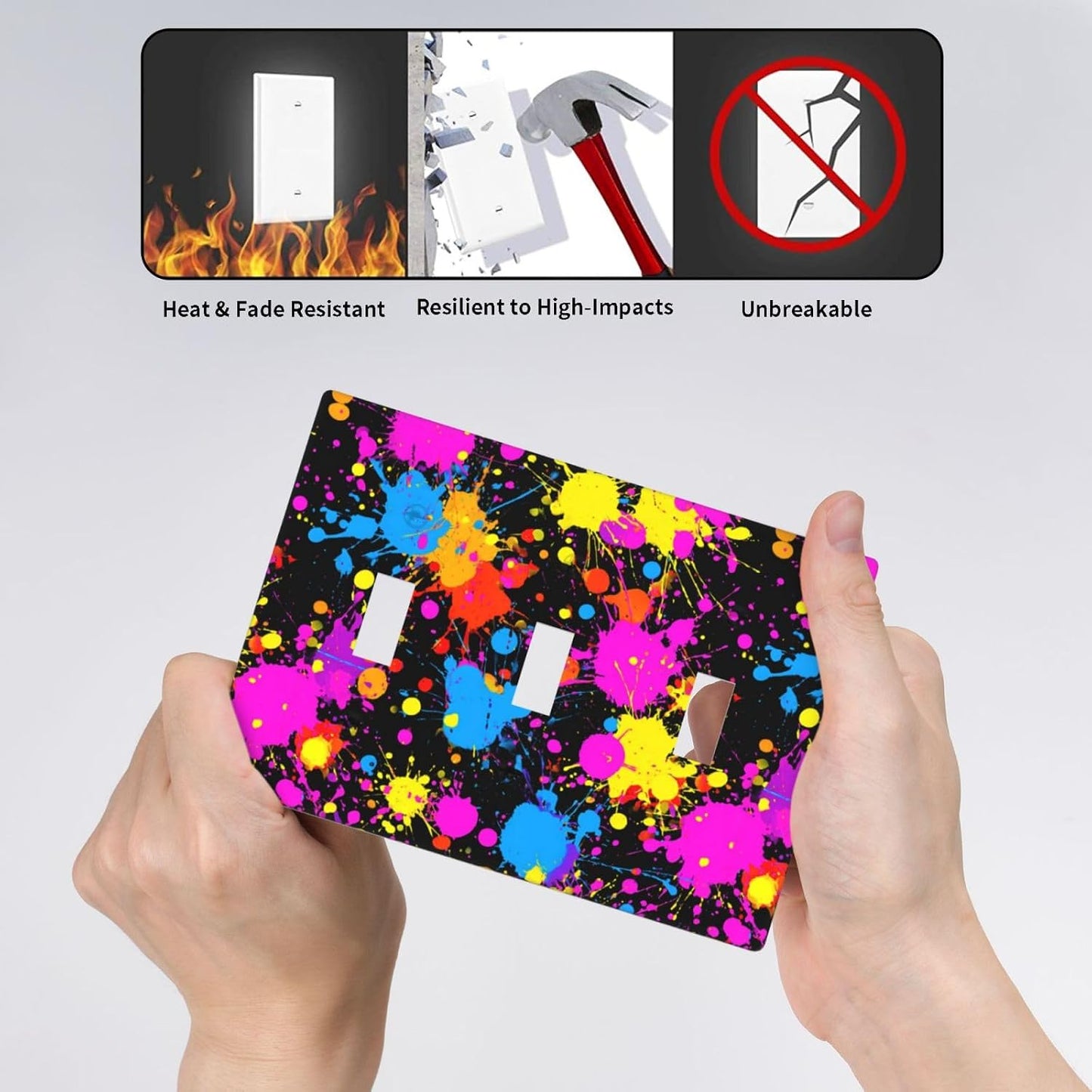 Neon Abstract Pink Blue Yellow Paint Splatter Light Switch Covers 3 Gang Triple Toggle Wall Plate Switchplate Electrical Faceplate For Bathroom Kitchen Bedroom Decor