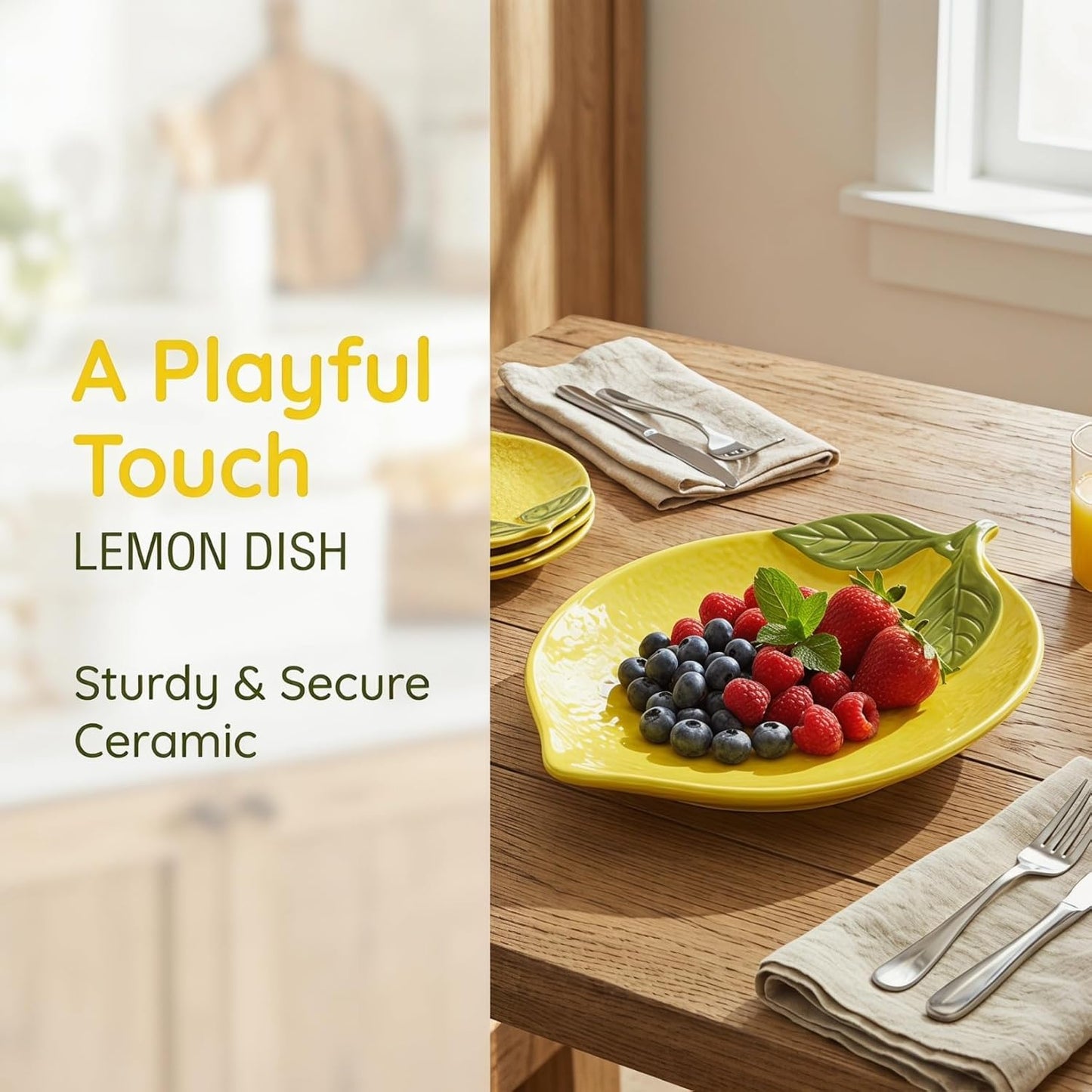 Lemon Shaped Ceramic Serving Dish, 9.84-Inch Yellow Fruit Bowl, Salad Plate, Dessert Tray Lemon Shape Salad Dishfor Kitchen Use