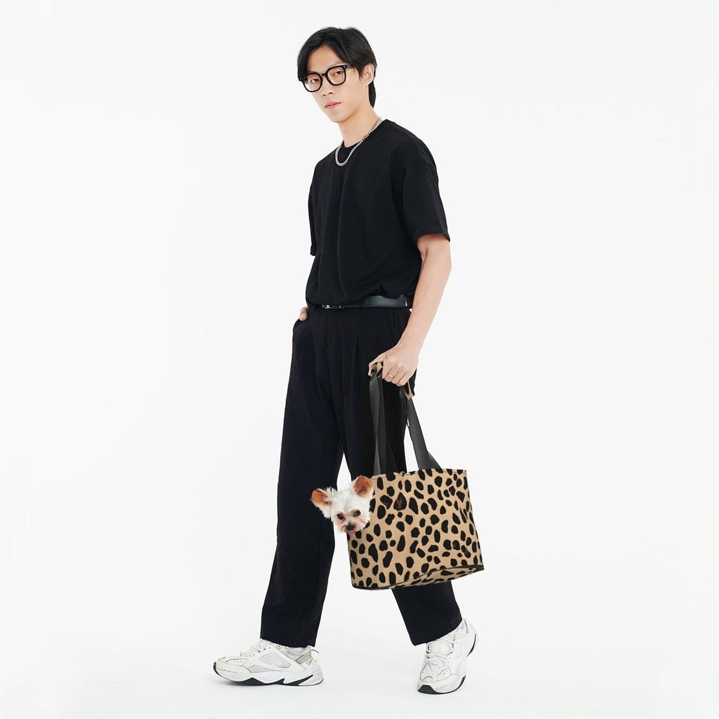 Yellow Leopard Print Printed Foldable Pet Bag - Portable Puppy Cat Travel Handbag Tote,Pet Carrier Backpacks., Black