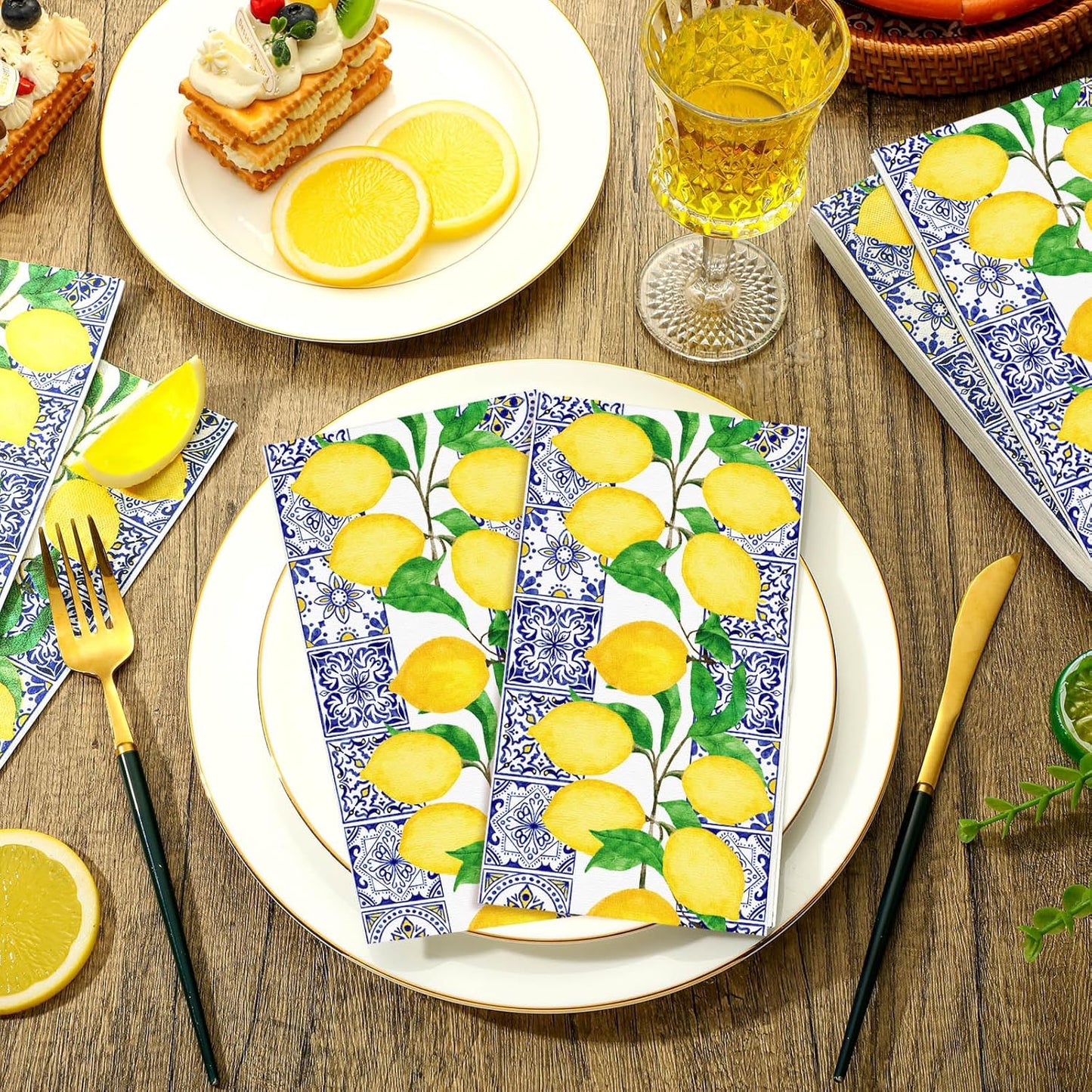 100 Pcs Disposable Paper Hand Towels for Bathroom, Paper Guest Towels for Powder Room Disposable Dinner Napkins for Birthday Bridal Shower Tea Party Supplies Table Decor (Lemon)