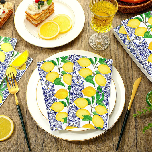 100 Pcs Disposable Paper Hand Towels for Bathroom, Paper Guest Towels for Powder Room Disposable Dinner Napkins for Birthday Bridal Shower Tea Party Supplies Table Decor (Lemon)