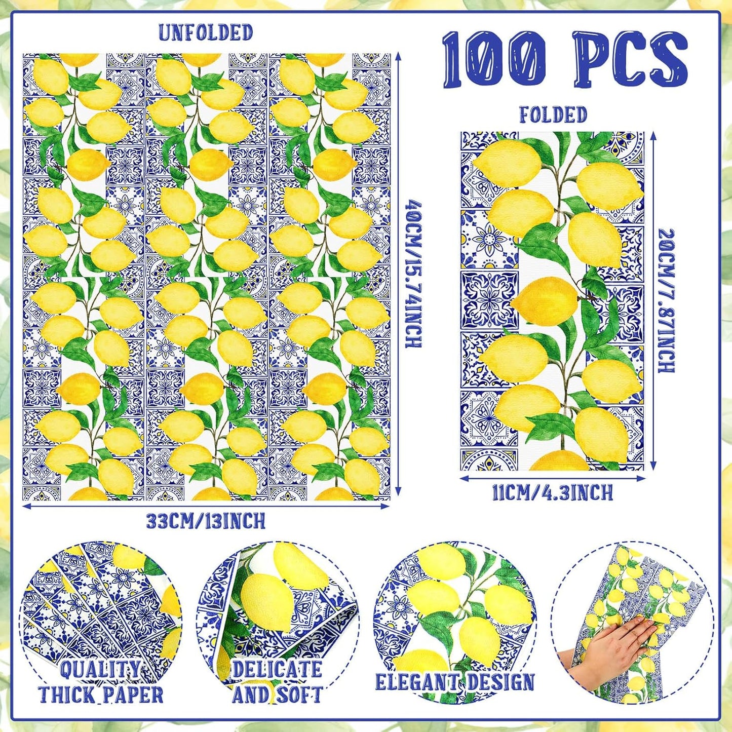 100 Pcs Disposable Paper Hand Towels for Bathroom, Paper Guest Towels for Powder Room Disposable Dinner Napkins for Birthday Bridal Shower Tea Party Supplies Table Decor (Lemon)