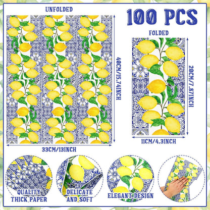 100 Pcs Disposable Paper Hand Towels for Bathroom, Paper Guest Towels for Powder Room Disposable Dinner Napkins for Birthday Bridal Shower Tea Party Supplies Table Decor (Lemon)