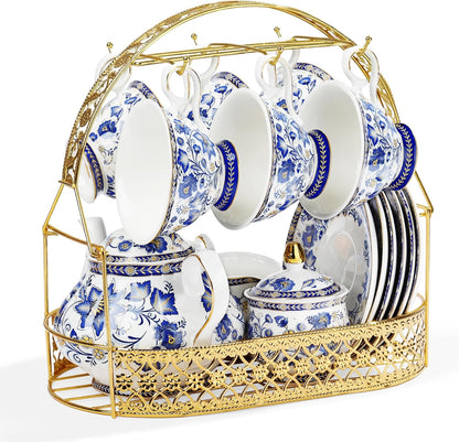 Porcelain Tea Sets,Blue British Coffee Cups& Saucer Service for 6, with Teapot,Sugar Bowl,Creamer Pitcher and Golden Metal Rack
