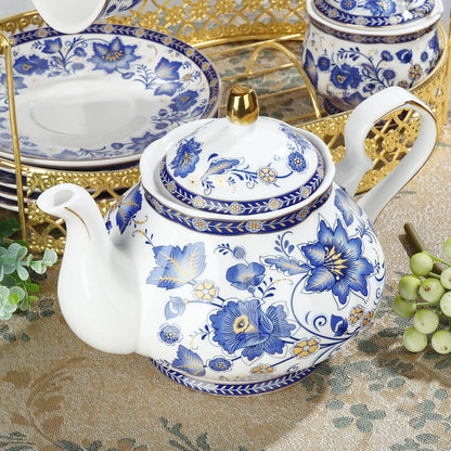 Porcelain Tea Sets,Blue British Coffee Cups& Saucer Service for 6, with Teapot,Sugar Bowl,Creamer Pitcher and Golden Metal Rack