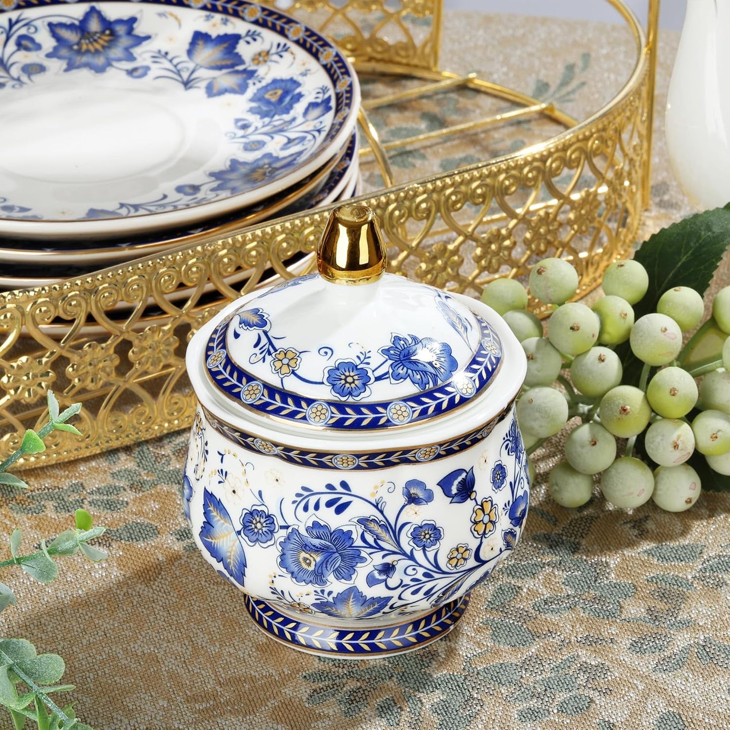 Porcelain Tea Sets,Blue British Coffee Cups& Saucer Service for 6, with Teapot,Sugar Bowl,Creamer Pitcher and Golden Metal Rack