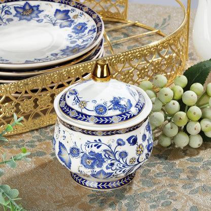Porcelain Tea Sets,Blue British Coffee Cups& Saucer Service for 6, with Teapot,Sugar Bowl,Creamer Pitcher and Golden Metal Rack