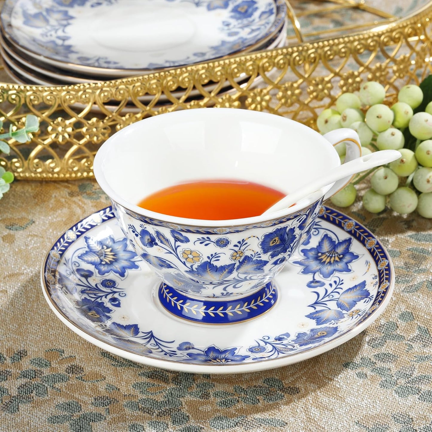 Porcelain Tea Sets,Blue British Coffee Cups& Saucer Service for 6, with Teapot,Sugar Bowl,Creamer Pitcher and Golden Metal Rack