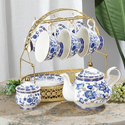 Porcelain Tea Sets,Blue British Coffee Cups& Saucer Service for 6, with Teapot,Sugar Bowl,Creamer Pitcher and Golden Metal Rack
