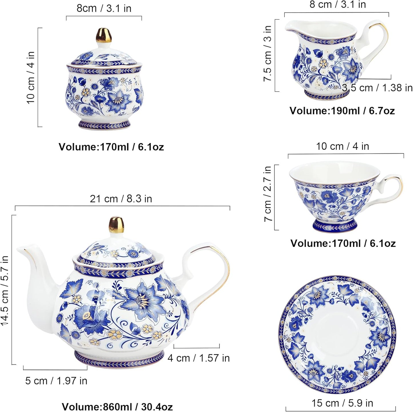 Porcelain Tea Sets,Blue British Coffee Cups& Saucer Service for 6, with Teapot,Sugar Bowl,Creamer Pitcher and Golden Metal Rack