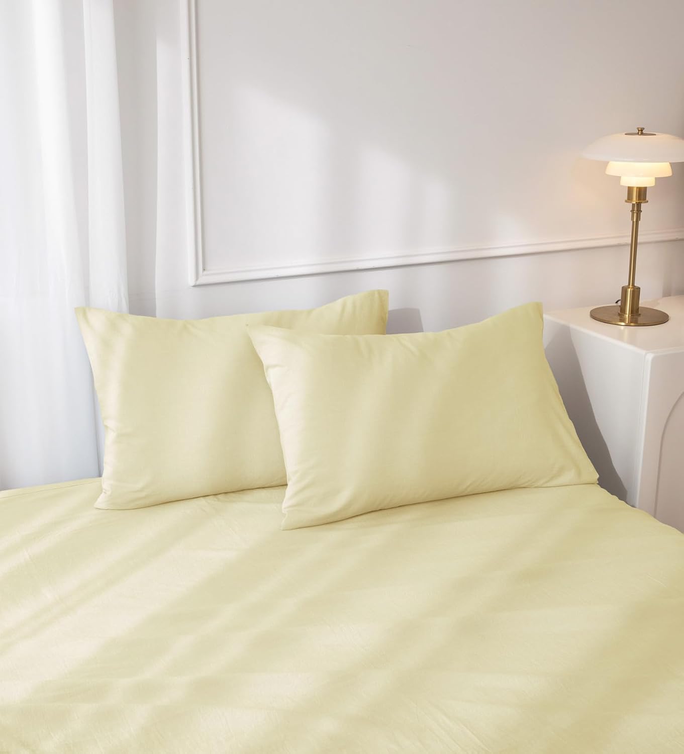 JIYUAN Standard Size Pillowcases, Set of 2-100% Washed Cotton with Envelope Closure, Linen-Like Textured, Soft, Breathable & Durable for All Seasons,Solid Light Yellow