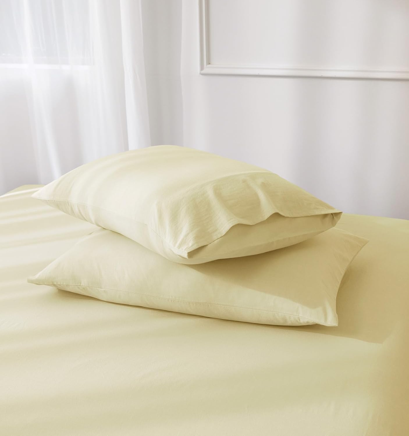 JIYUAN Standard Size Pillowcases, Set of 2-100% Washed Cotton with Envelope Closure, Linen-Like Textured, Soft, Breathable & Durable for All Seasons,Solid Light Yellow