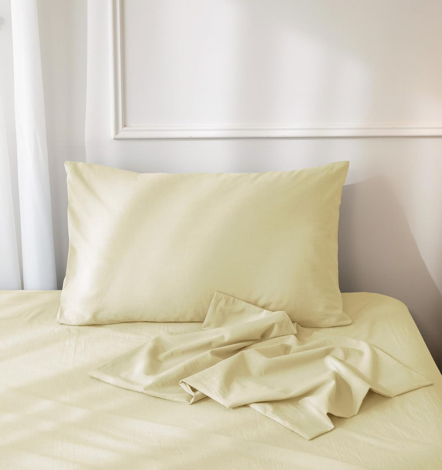 JIYUAN Standard Size Pillowcases, Set of 2-100% Washed Cotton with Envelope Closure, Linen-Like Textured, Soft, Breathable & Durable for All Seasons,Solid Light Yellow