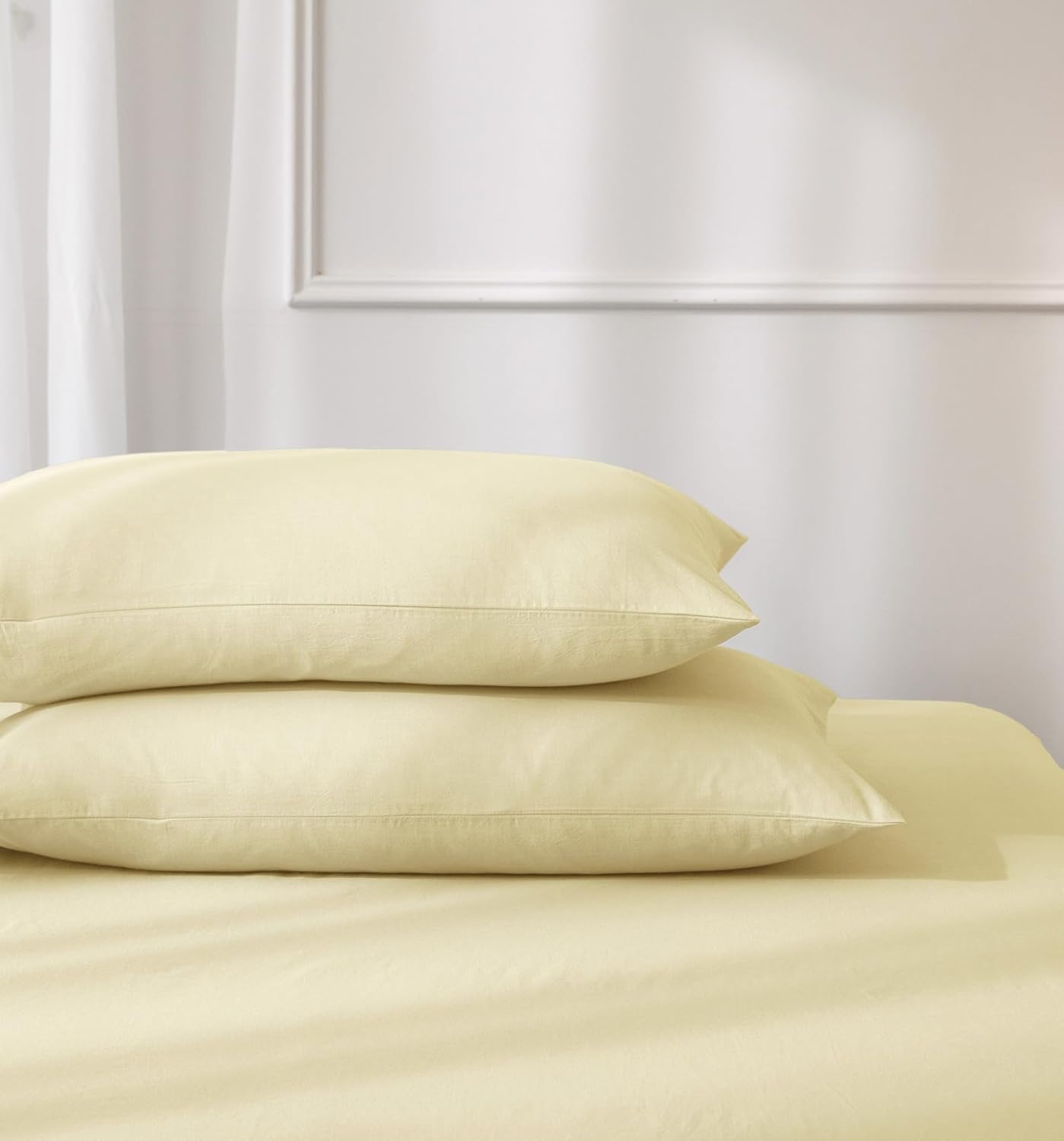 JIYUAN Standard Size Pillowcases, Set of 2-100% Washed Cotton with Envelope Closure, Linen-Like Textured, Soft, Breathable & Durable for All Seasons,Solid Light Yellow