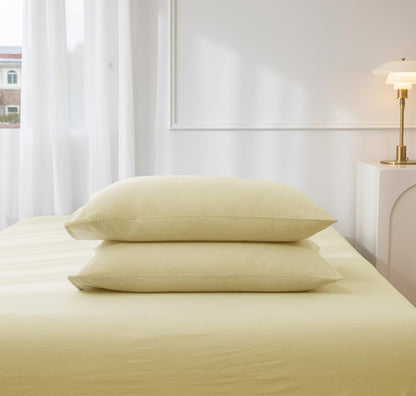 JIYUAN Standard Size Pillowcases, Set of 2-100% Washed Cotton with Envelope Closure, Linen-Like Textured, Soft, Breathable & Durable for All Seasons,Solid Light Yellow
