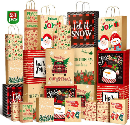 Christmas Gift Paper Bags Assorted Sizes, 24 Pack Holiday Paper Bags with Handles, 12 Assorted Designs in 4 Sizes – Reusable Gift Bag for Christmas Presents, Holiday Parties, Family, Kids & Office Use (Yellow)