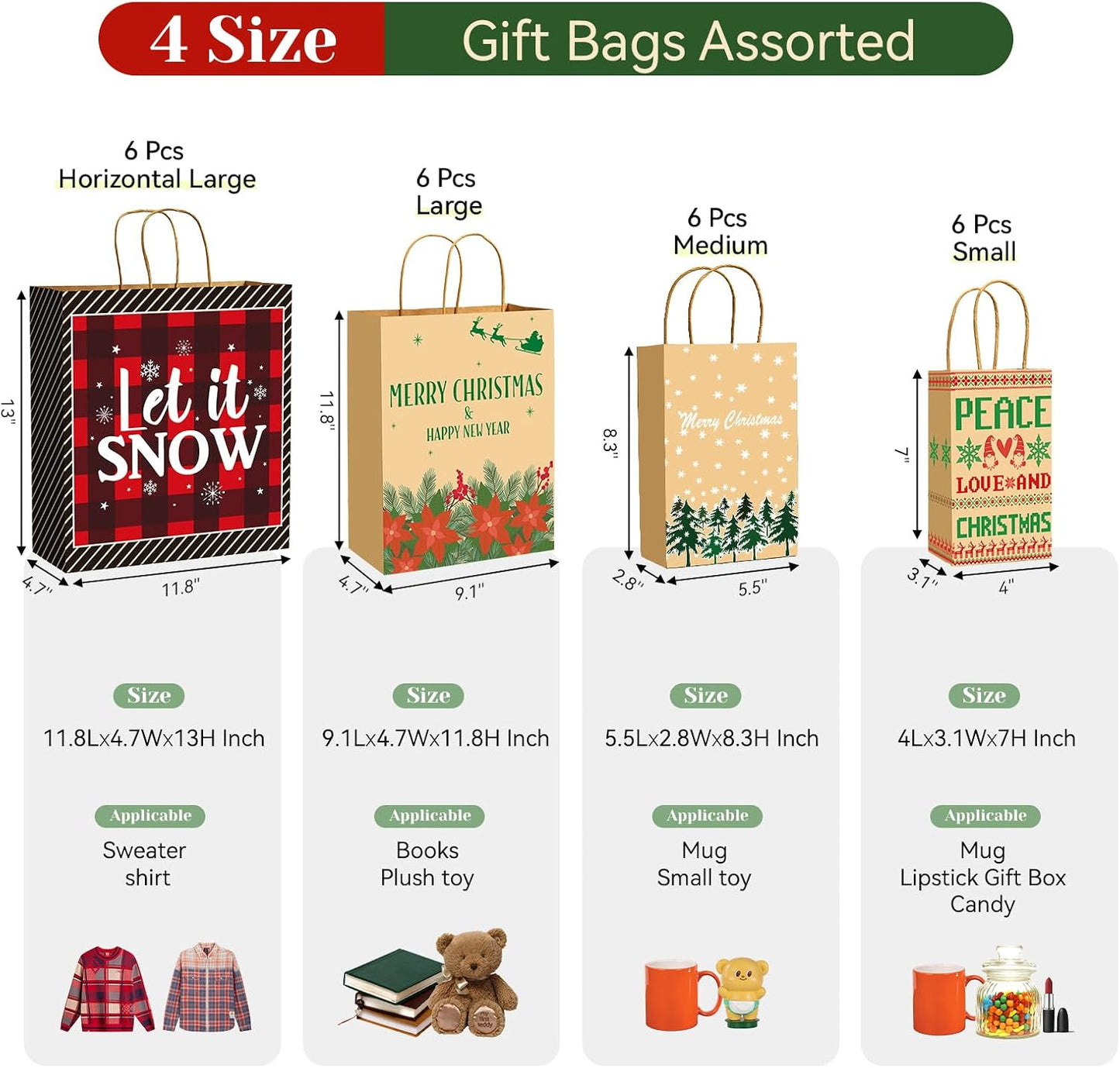 Christmas Gift Paper Bags Assorted Sizes, 24 Pack Holiday Paper Bags with Handles, 12 Assorted Designs in 4 Sizes – Reusable Gift Bag for Christmas Presents, Holiday Parties, Family, Kids & Office Use (Yellow)