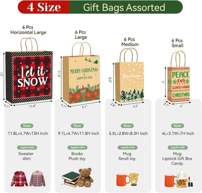 Christmas Gift Paper Bags Assorted Sizes, 24 Pack Holiday Paper Bags with Handles, 12 Assorted Designs in 4 Sizes – Reusable Gift Bag for Christmas Presents, Holiday Parties, Family, Kids & Office Use (Yellow)