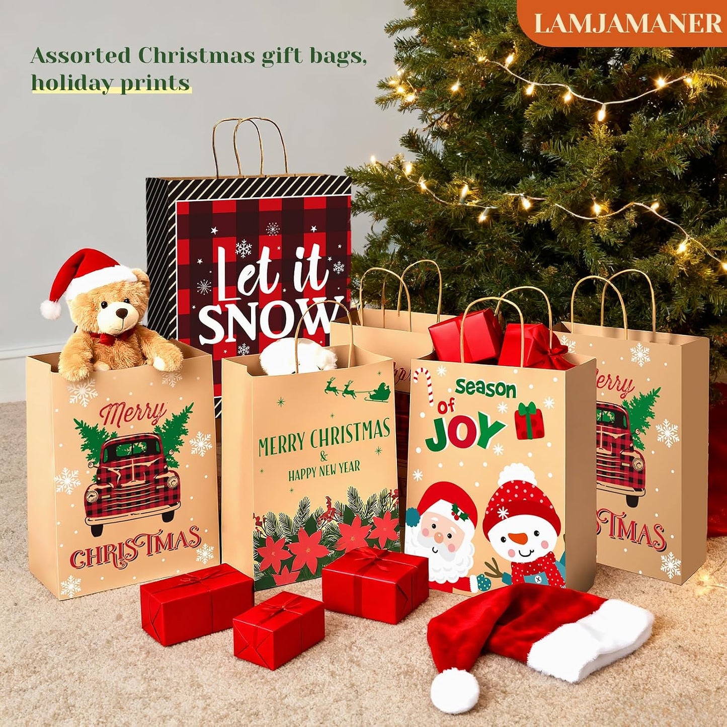 Christmas Gift Paper Bags Assorted Sizes, 24 Pack Holiday Paper Bags with Handles, 12 Assorted Designs in 4 Sizes – Reusable Gift Bag for Christmas Presents, Holiday Parties, Family, Kids & Office Use (Yellow)
