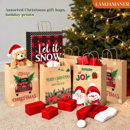 Christmas Gift Paper Bags Assorted Sizes, 24 Pack Holiday Paper Bags with Handles, 12 Assorted Designs in 4 Sizes – Reusable Gift Bag for Christmas Presents, Holiday Parties, Family, Kids & Office Use (Yellow)