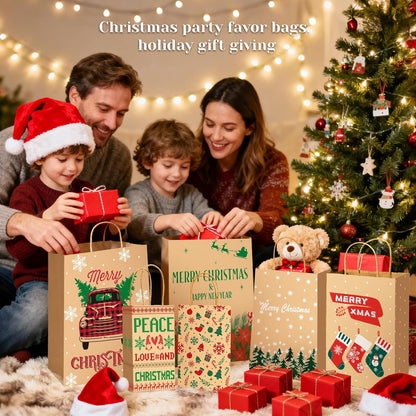 Christmas Gift Paper Bags Assorted Sizes, 24 Pack Holiday Paper Bags with Handles, 12 Assorted Designs in 4 Sizes – Reusable Gift Bag for Christmas Presents, Holiday Parties, Family, Kids & Office Use (Yellow)