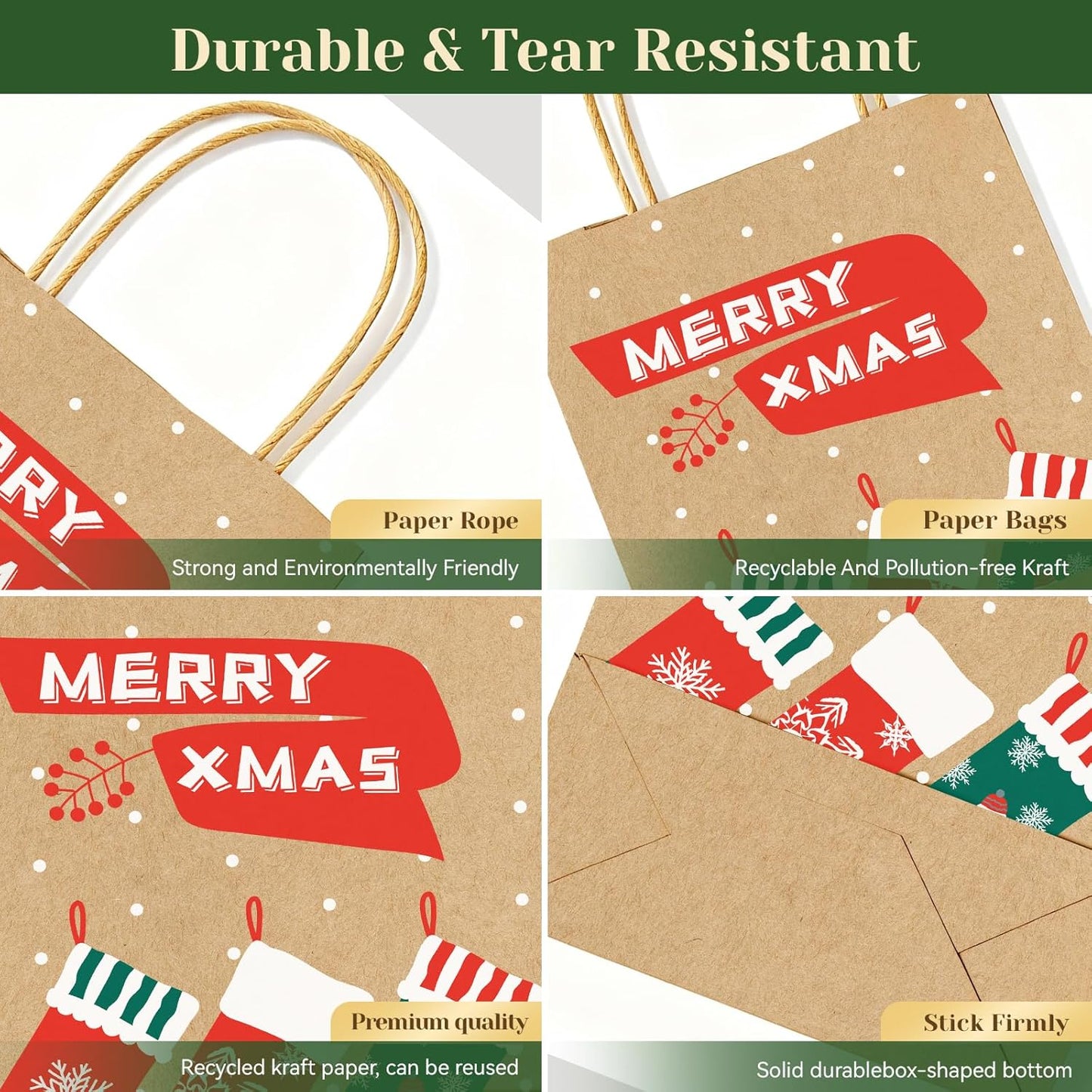 Christmas Gift Paper Bags Assorted Sizes, 24 Pack Holiday Paper Bags with Handles, 12 Assorted Designs in 4 Sizes – Reusable Gift Bag for Christmas Presents, Holiday Parties, Family, Kids & Office Use (Yellow)