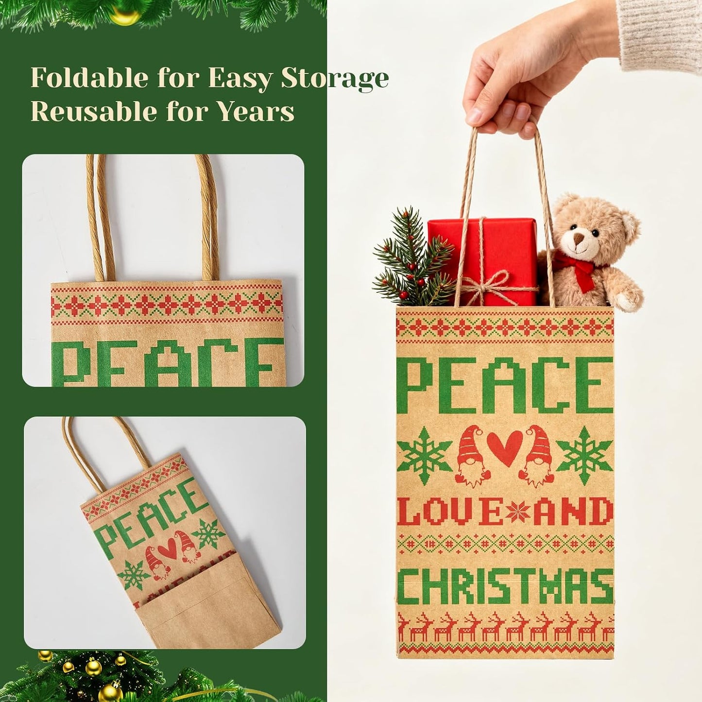 Christmas Gift Paper Bags Assorted Sizes, 24 Pack Holiday Paper Bags with Handles, 12 Assorted Designs in 4 Sizes – Reusable Gift Bag for Christmas Presents, Holiday Parties, Family, Kids & Office Use (Yellow)