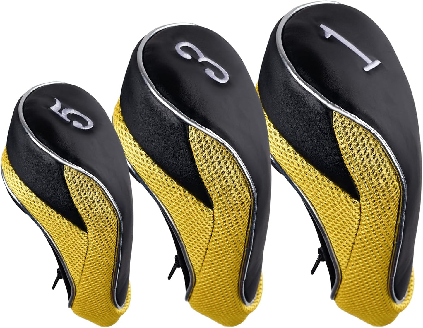 Golf Wood Club Head Covers with Zipper Set of 3 | for 460cc Driver Fairway Short Neck Faux Leather and Nylon-mesh Embroidery thread Number