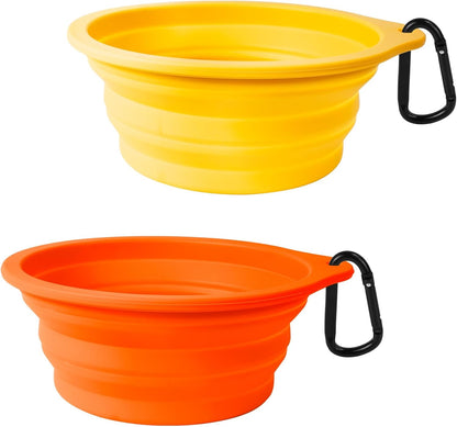 2-Pack Large Silicone Collapsible Dog Bowls, 34oz/1000ml BPA Free Portable Foldable Travel Bowl for Pet Cat, Food Water Feeding Dish for Camping with 2 Carabiners (Orange, Yellow) | 34 Oz, Silicone, Foldable Expandable Cat Feeding Cup Dish, 2 Carabiners,