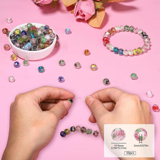 50pcs 8~10mm Rose Lampwork Bead Handmade Faceted Yellow Murano Glass Beads for Jewelry Making Supplies, Bracelet, Rosary Craft Making
