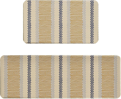 Boho Kitchen Rugs Set of 2 Blue Yellow Polka Dots Striped Print Modern Kitchen Mats for Floor Non Slip Neutral Farmhouse Kitchen Decor Runner Rugs, 17x47 inch and 17x30 inch