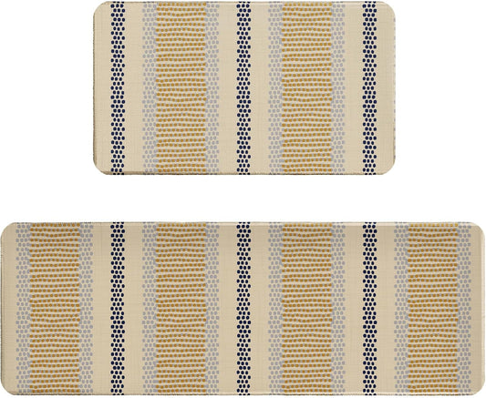 Boho Kitchen Rugs Set of 2 Blue Yellow Polka Dots Striped Print Modern Kitchen Mats for Floor Non Slip Neutral Farmhouse Kitchen Decor Runner Rugs, 17x47 inch and 17x30 inch