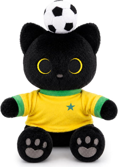 Brazil Soccer Cat Plush - 10" Sitting Black Cat Stuffed Animal with Soccer Ball on Head,Yellow & Green Brazil-Inspired Jersey,Gray Heart Paw Pad Embroidery,Football Gift for Kids Adults